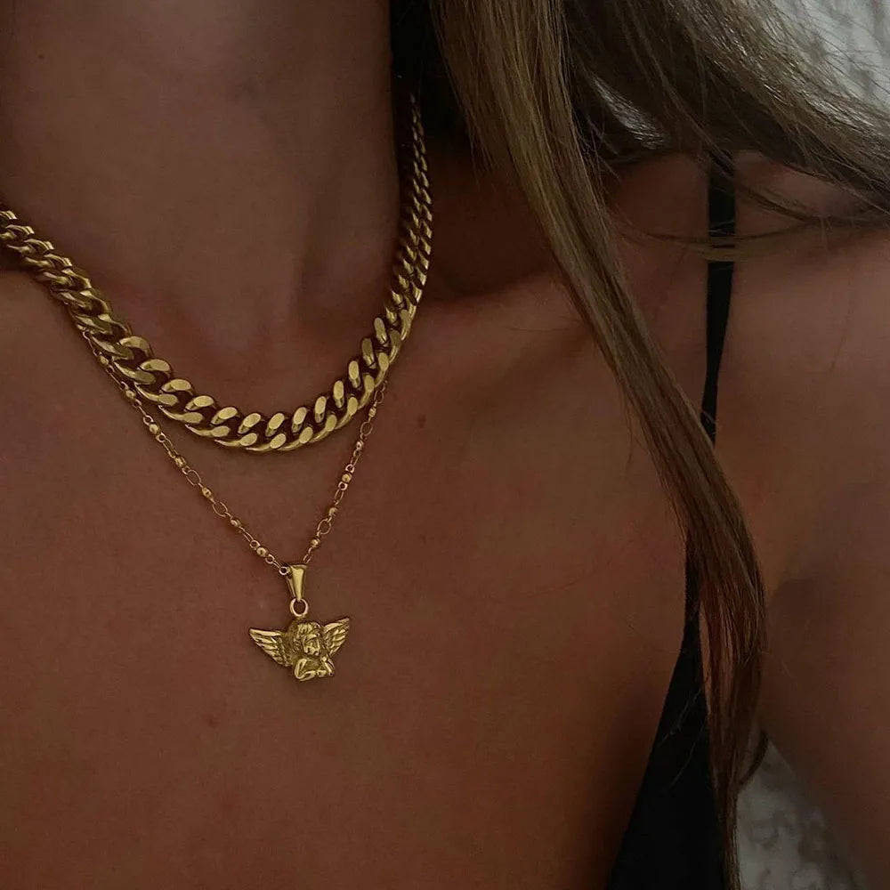 Bohemian Cherub Pendant Necklace – Chunky Gold-Plated Chain Necklace for Women - Lylamor.com