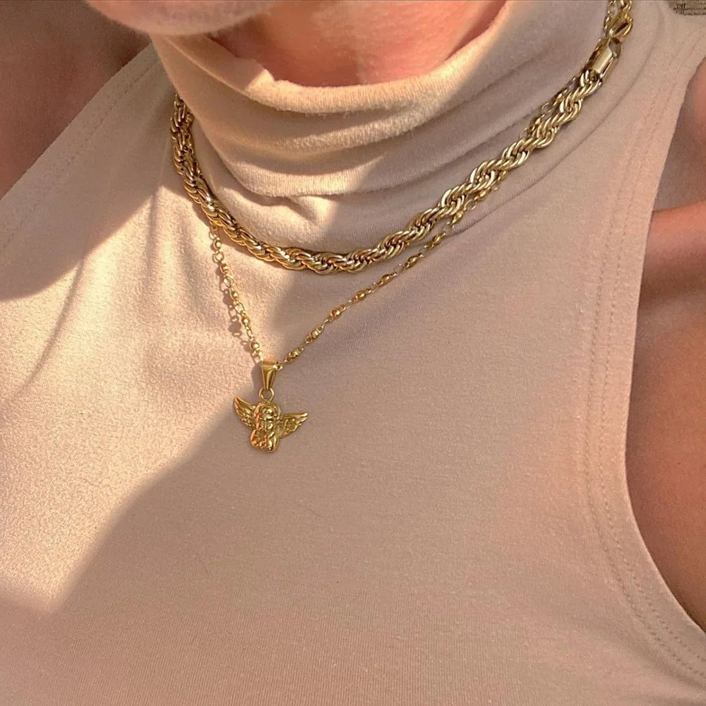 Bohemian Cherub Pendant Necklace – Chunky Gold-Plated Chain Necklace for Women - Lylamor.com