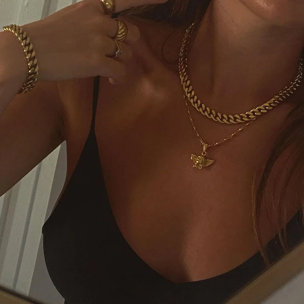 Bohemian Cherub Pendant Necklace – Chunky Gold-Plated Chain Necklace for Women - Lylamor.com