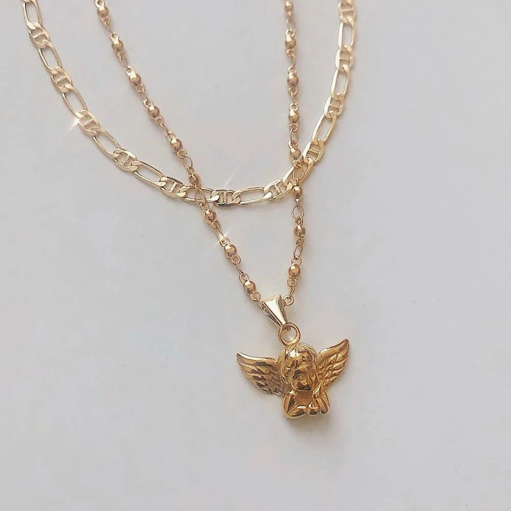 Bohemian Cherub Pendant Necklace – Chunky Gold-Plated Chain Necklace for Women - Lylamor.com