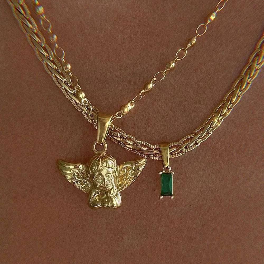 Bohemian Cherub Pendant Necklace – Chunky Gold-Plated Chain Necklace for Women - Lylamor.com