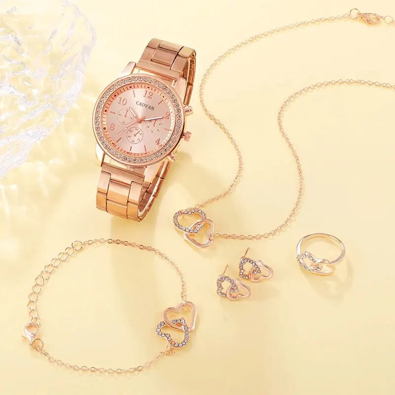 6-Piece Rose Gold Jewelry & Watch Set – Luxury Women’s Accessories - Lylamor.com