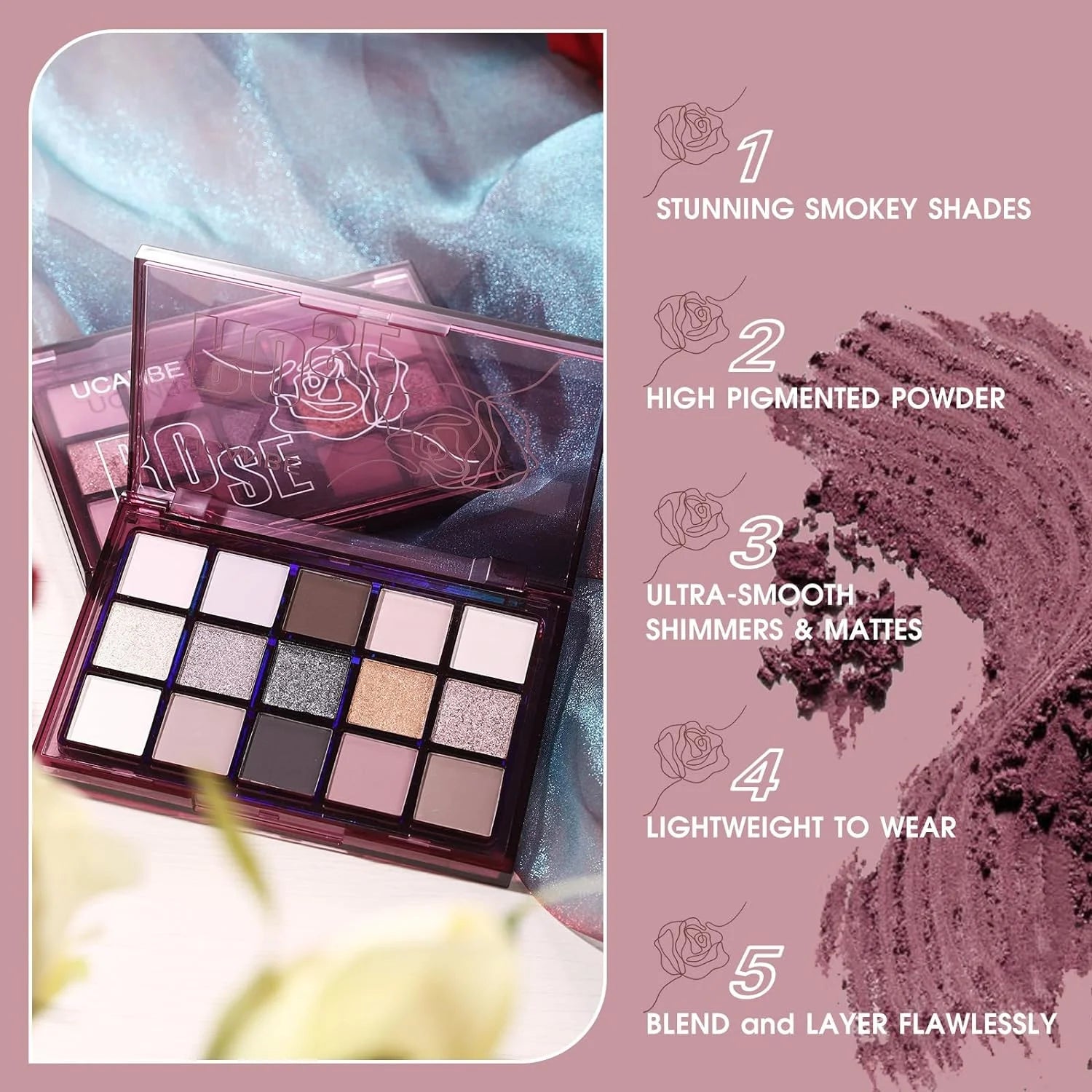 UCANBE Smokey Rose Eyeshadow Palette 15 Color Neutral Shimmer Matte Metallic Eye Makeup - Lylamor.com