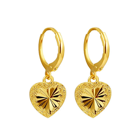 24K Yellow Gold Drop Earring for Women Fine Romantic Heart Jewelry - Lylamor.com