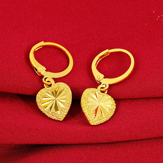 24K Yellow Gold Drop Earring for Women Fine Romantic Heart Jewelry - Lylamor.com