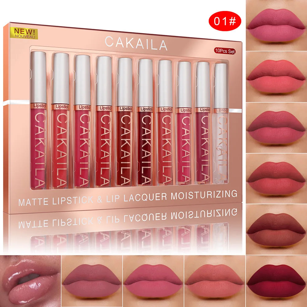 CAKAILA 10PC Nude Lipstick Set – Matte Velvet Liquid Lipstick (Waterproof & Long-Lasting)