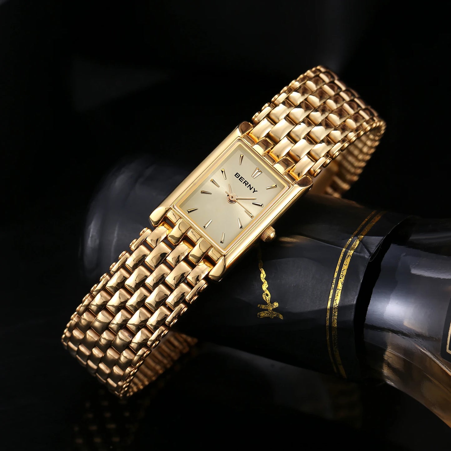 BERNY Square Gold Watch for Women - Stainless Steel Luxury Quartz Wristwatch (Casual & Dressy)