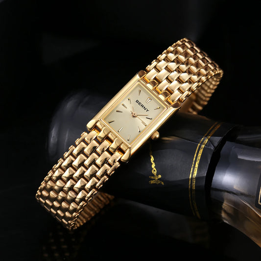 BERNY Square Gold Watch for Women - Stainless Steel Luxury Quartz Wristwatch (Casual & Dressy)
