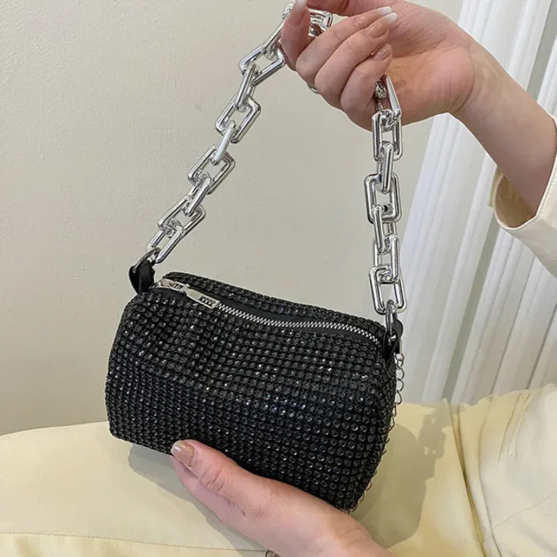 Rhinestone Bucket Bag - Glitter Chain Crossbody Purse for Women