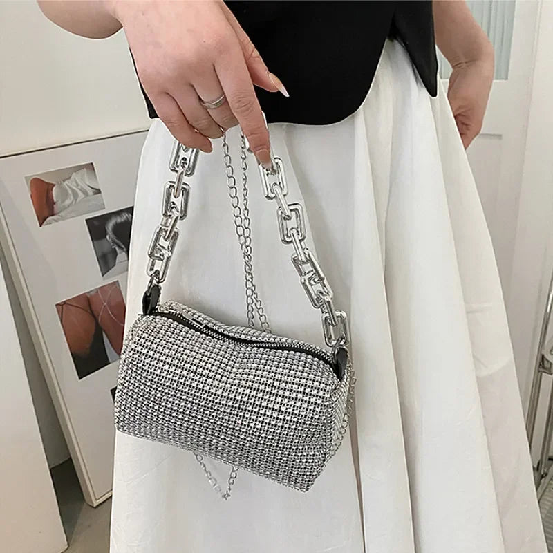Rhinestone Bucket Bag - Glitter Chain Crossbody Purse for Women