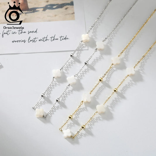 ORSA JEWELS Elegant Ladies 925 Sterling Silver Necklace Four-Leaf Clover Inlaid Shell Decoration Suitable Daily Wear And Gifts - Lylamor.com