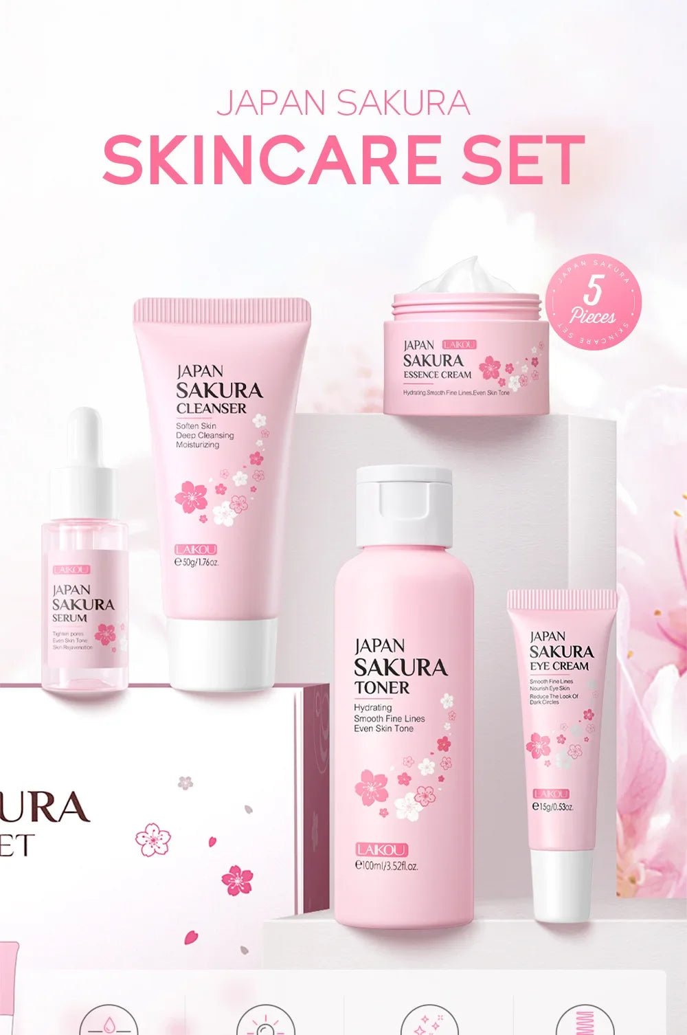 LAIKOU Sakura Skincare Set – 5-Piece Korean Facial Kit for Moisturizing, Pore Skin Care & Reducing Fine Lines - Lylamor.com