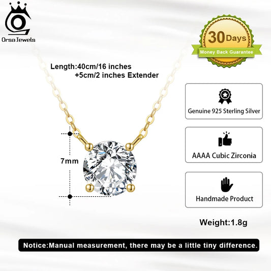 ORSA JEWELS 925 Sterling Silver Dainty Necklace for Women 14K Gold Plated Round Brilliant Cut Solitaire Pendant Necklace APN13 - Lylamor.com
