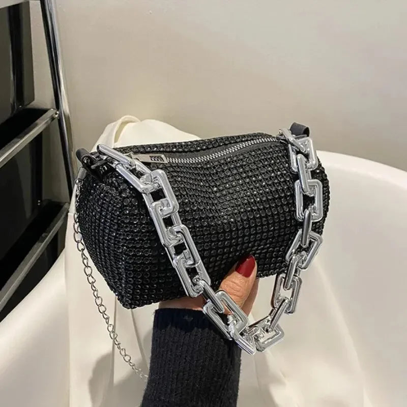 Rhinestone Bucket Bag - Glitter Chain Crossbody Purse for Women