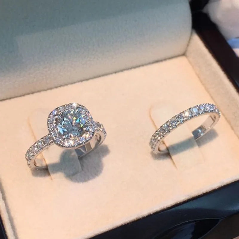 2PC Luxury Zircon Ring Set – AAA Crystal Bridal & Wedding Rings for Women