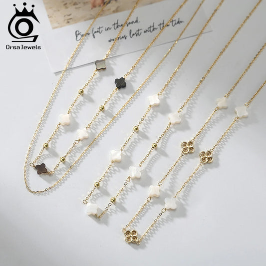 ORSA JEWELS Elegant Ladies 925 Sterling Silver Necklace Four-Leaf Clover Inlaid Shell Decoration Suitable Daily Wear And Gifts - Lylamor.com