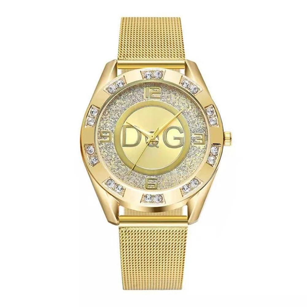 DQG Starry Sky Diamond Watch – Gold Mesh Strap Quartz Dress Watch