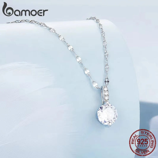 Bamoer 925 Sterling Silver Simple Clear Zircon Pendant Necklace for Women Wedding Engagement Anniversary Fine Jewelry BSN273