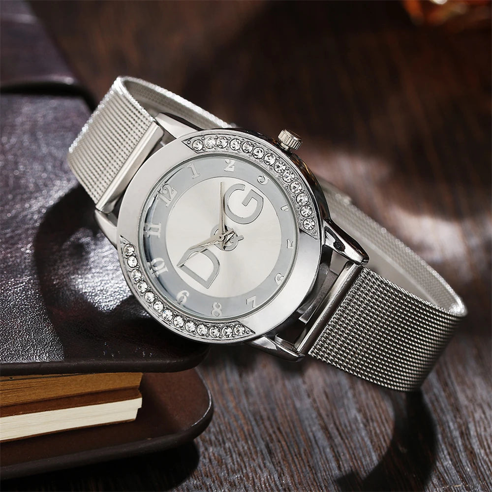 DQG Starry Sky Diamond Watch – Gold Mesh Strap Quartz Dress Watch