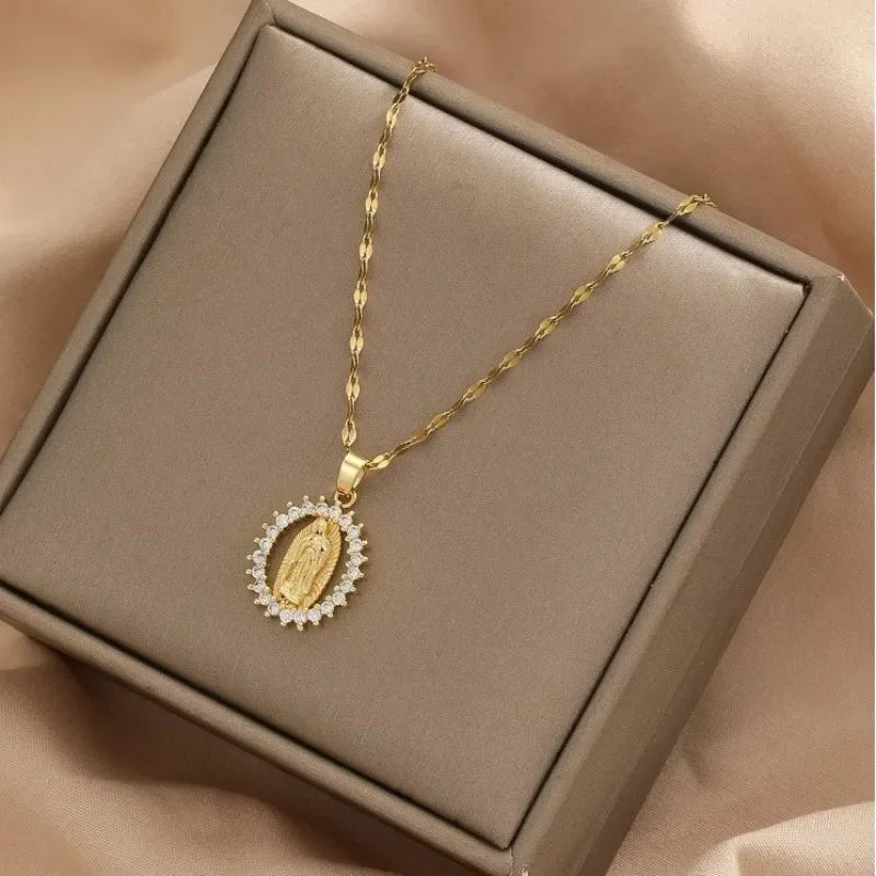 Virgin Mary Necklace - Colorful Zircon Hollow Pendant (Euro-American Fashion)