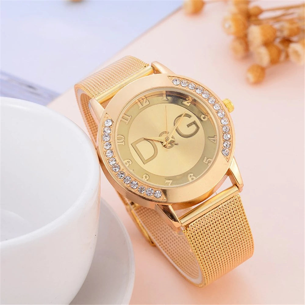 DQG Starry Sky Diamond Watch – Gold Mesh Strap Quartz Dress Watch