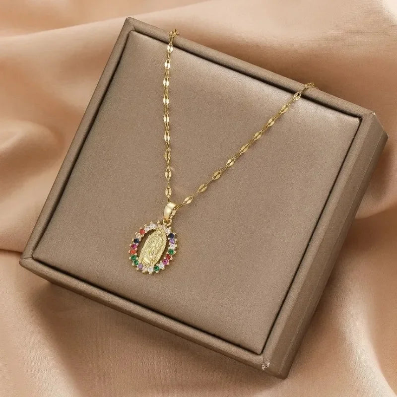 Virgin Mary Necklace - Colorful Zircon Hollow Pendant (Euro-American Fashion)