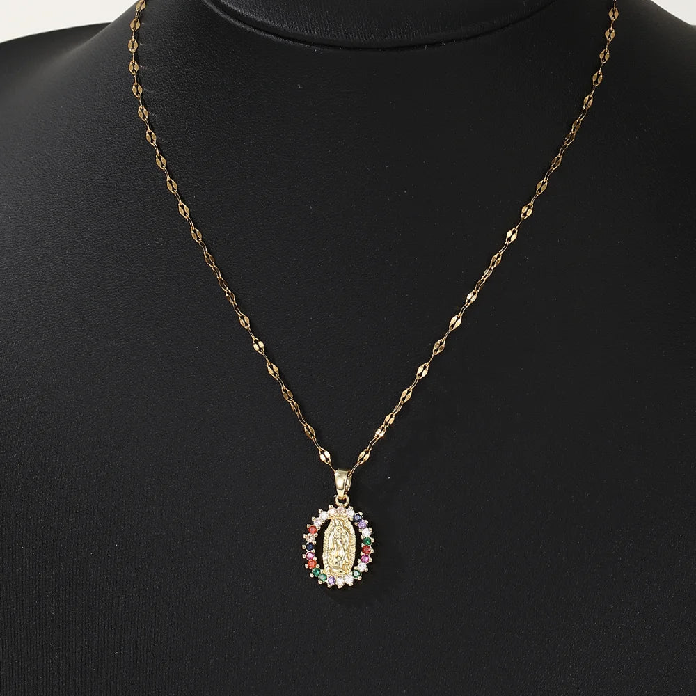 Virgin Mary Necklace - Colorful Zircon Hollow Pendant (Euro-American Fashion)