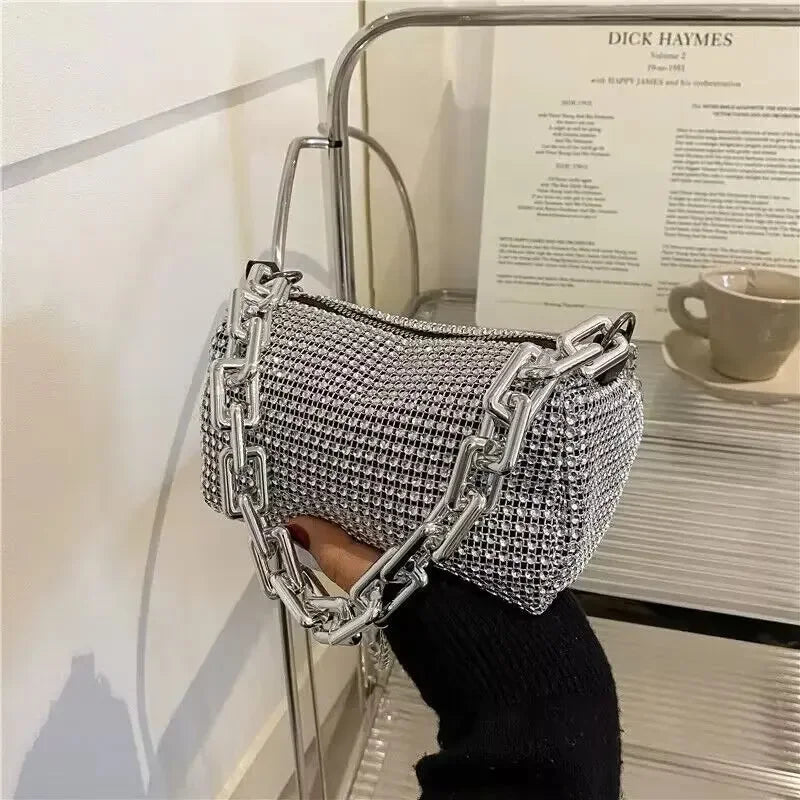 Rhinestone Bucket Bag - Glitter Chain Crossbody Purse for Women