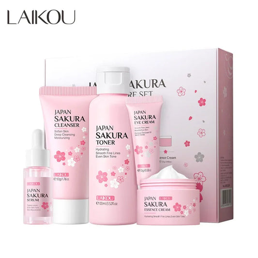 LAIKOU Sakura Skincare Set – 5-Piece Korean Facial Kit for Moisturizing, Pore Skin Care & Reducing Fine Lines - Lylamor.com