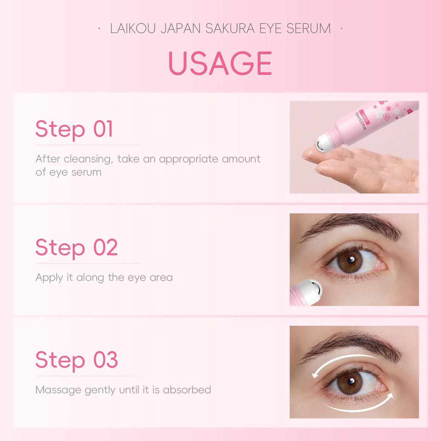 LAIKOU Sakura Eye Serum Roller – Hyaluronic Acid Eye Cream for Dark Circles & Bags (15ml)