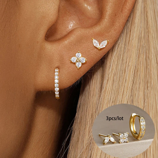 3-Piece Gold Circle Hoop Earrings Set with Zircon Flower Studs