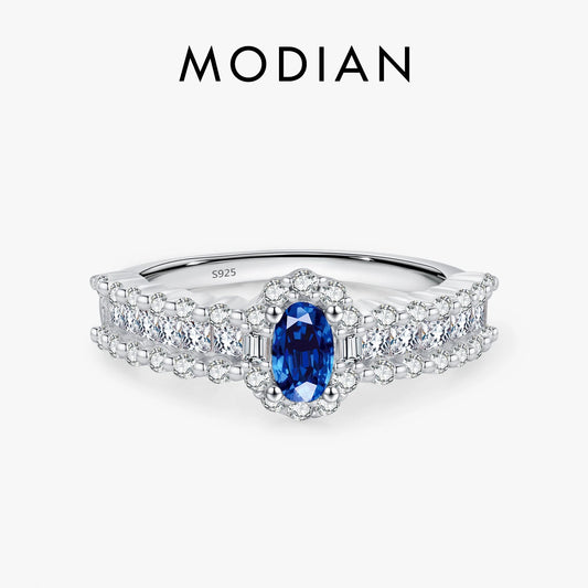 MODIAN 925 Sterling Silver Sparkling Royal Blue Oval CZ Luxury Ring Classic Wedding Anniversary Fine Jewelry For Women Gifts - Lylamor.com