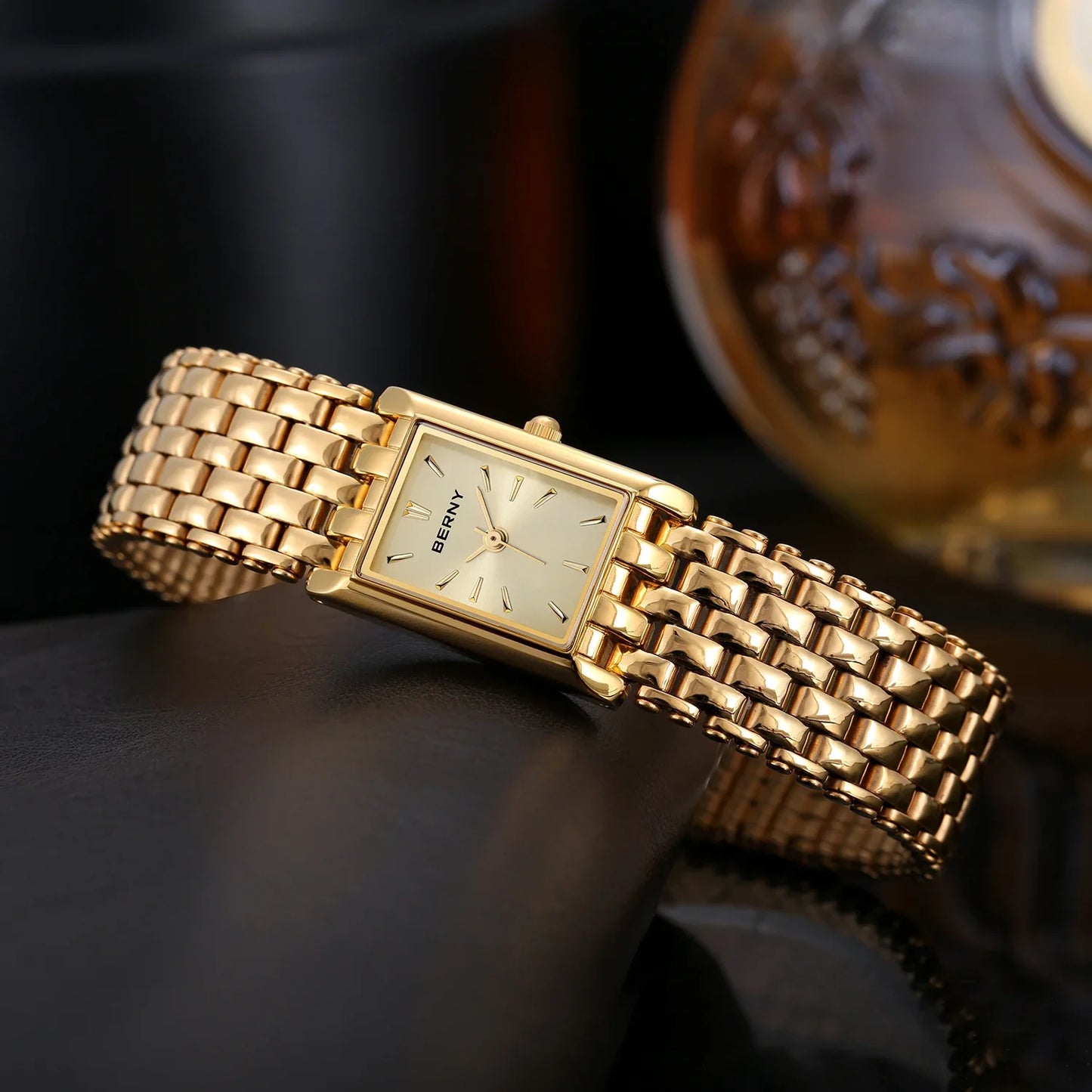 BERNY Square Gold Watch for Women - Stainless Steel Luxury Quartz Wristwatch (Casual & Dressy)