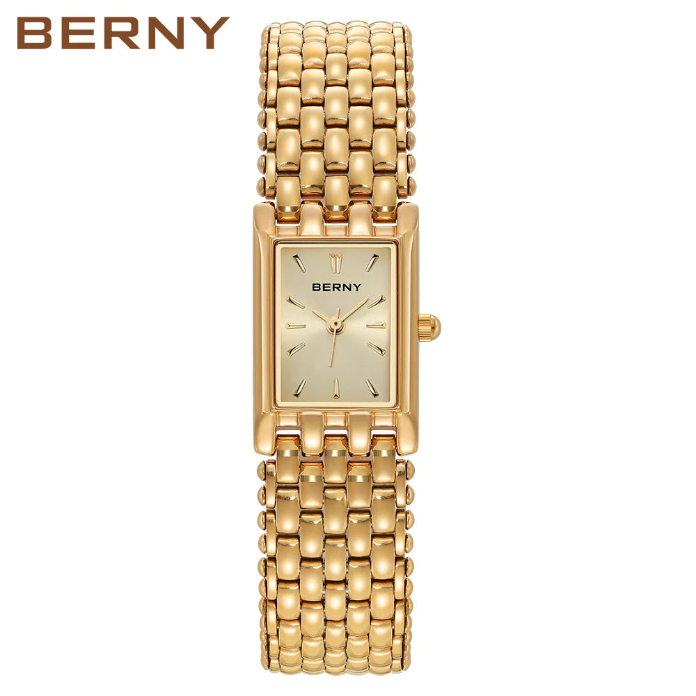 BERNY Square Gold Watch for Women - Stainless Steel Luxury Quartz Wristwatch (Casual & Dressy)