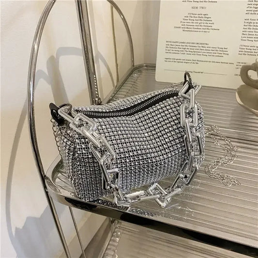 Rhinestone Bucket Bag - Glitter Chain Crossbody Purse for Women