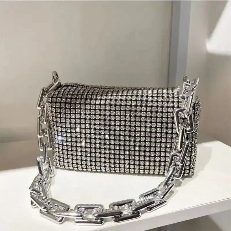 Rhinestone Bucket Bag - Glitter Chain Crossbody Purse for Women