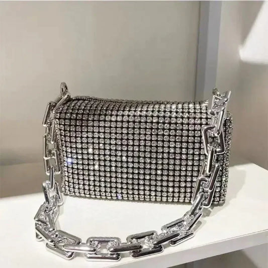 Rhinestone Bucket Bag - Glitter Chain Crossbody Purse for Women