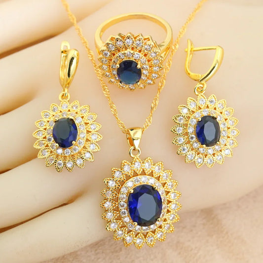 18K Gold Plated Bridal Jewelry Sets Wedding Ring Costume Earrings Pendant Chain Necklace For Women Christmas Gift - Lylamor.com