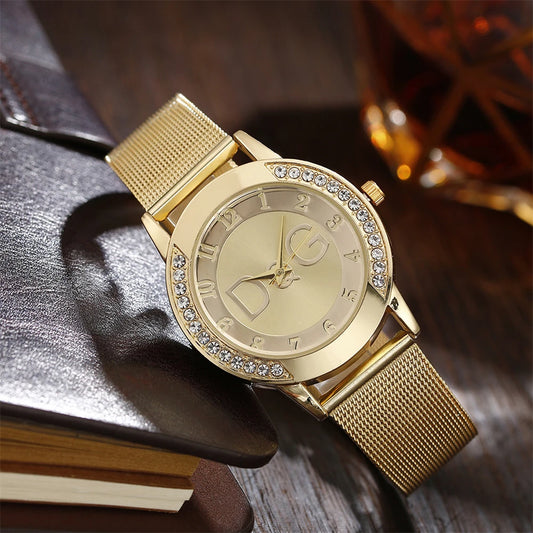 DQG Starry Sky Diamond Watch – Gold Mesh Strap Quartz Dress Watch