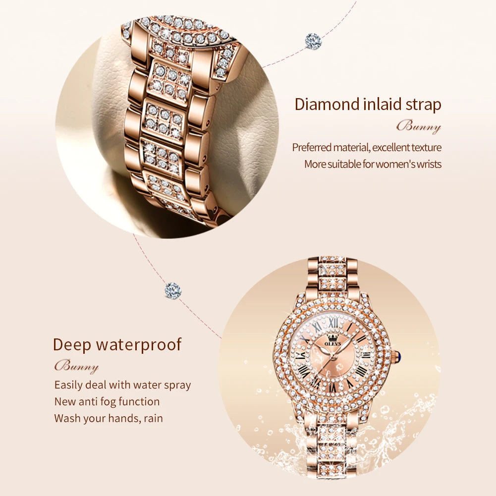 OLEVS 9943 Diamond Watch for Women – Luxury Stainless Steel Waterproof Quartz Wristwatch