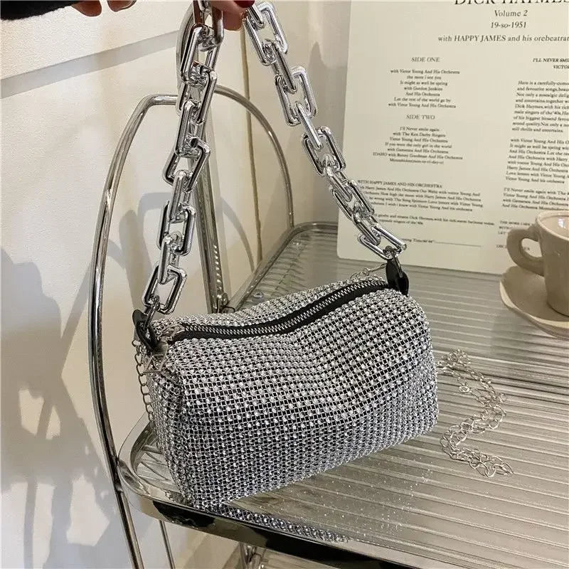Rhinestone Bucket Bag - Glitter Chain Crossbody Purse for Women