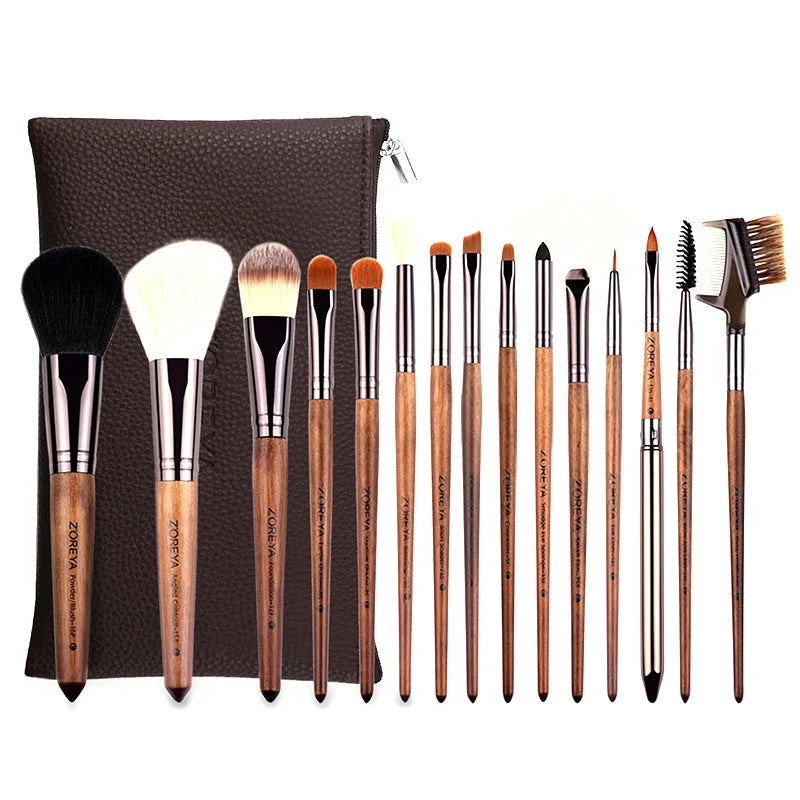 Zoreya 15-Piece Black Walnut Beauty Kit Nylon Hair Makeup Brush Set with Portable Brush Bag - Lylamor.com