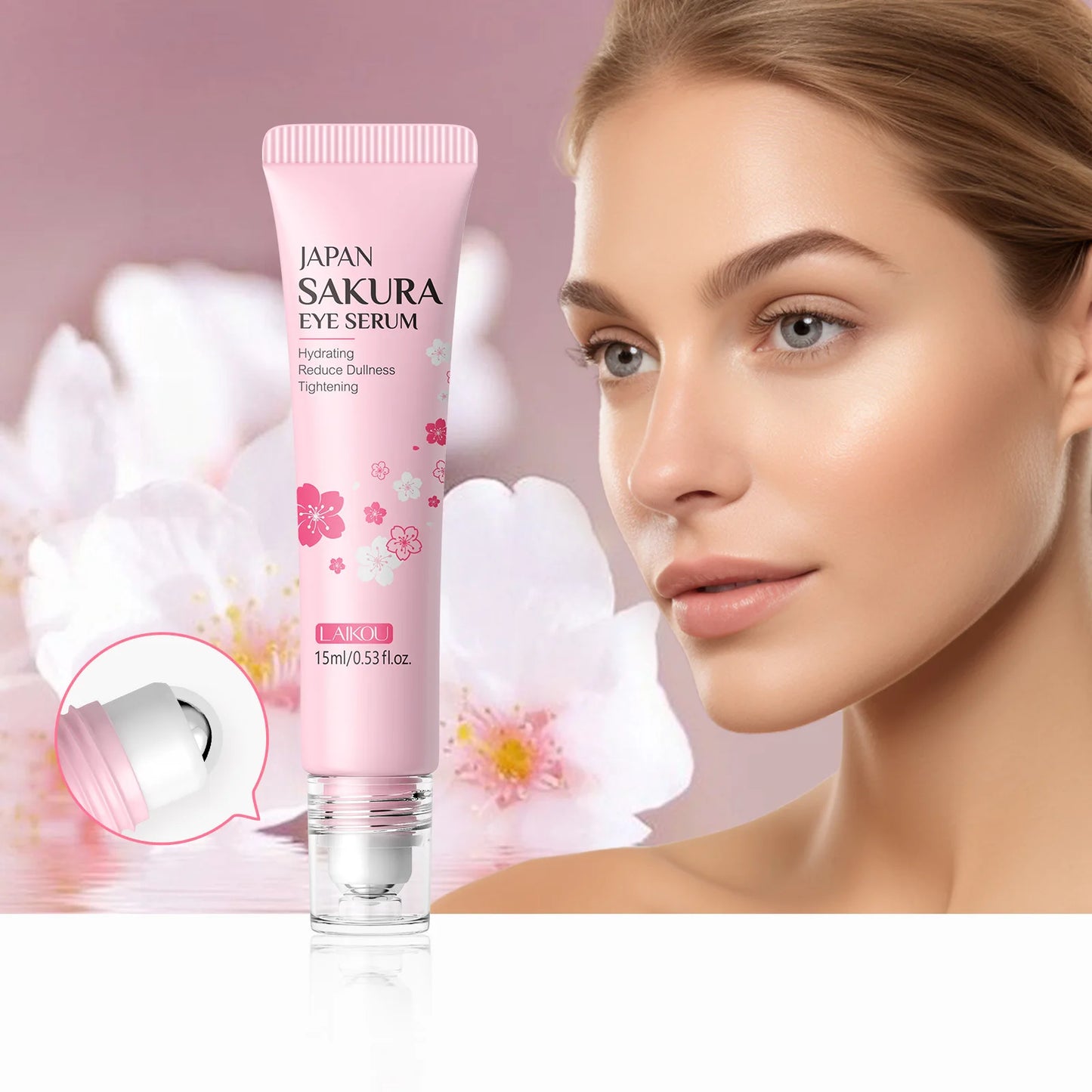 LAIKOU Sakura Eye Serum Roller – Hyaluronic Acid Eye Cream for Dark Circles & Bags (15ml)