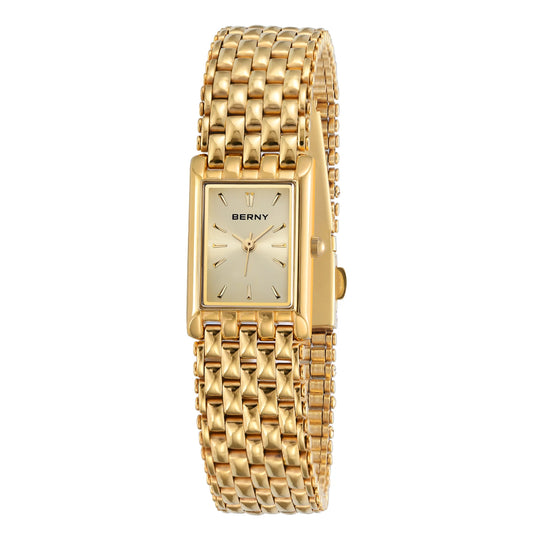 BERNY Square Gold Watch for Women - Stainless Steel Luxury Quartz Wristwatch (Casual & Dressy)