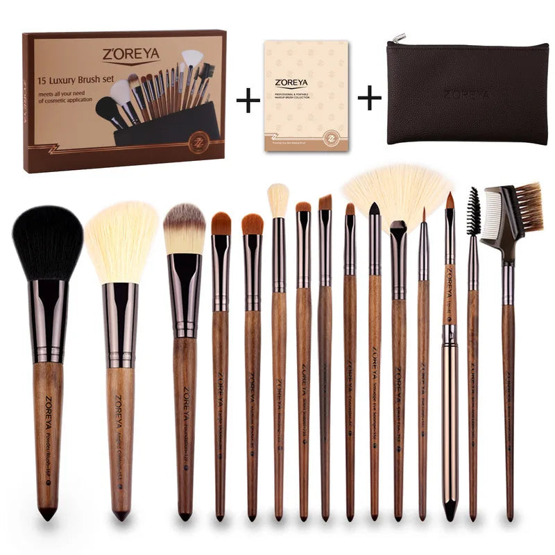 Zoreya 15-Piece Black Walnut Beauty Kit Nylon Hair Makeup Brush Set with Portable Brush Bag - Lylamor.com