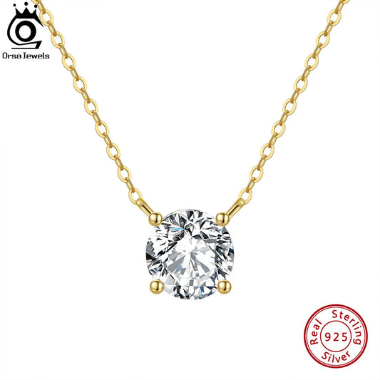 ORSA JEWELS 925 Sterling Silver Dainty Necklace for Women 14K Gold Plated Round Brilliant Cut Solitaire Pendant Necklace APN13 - Lylamor.com