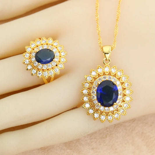 18K Gold Plated Bridal Jewelry Sets Wedding Ring Costume Earrings Pendant Chain Necklace For Women Christmas Gift - Lylamor.com