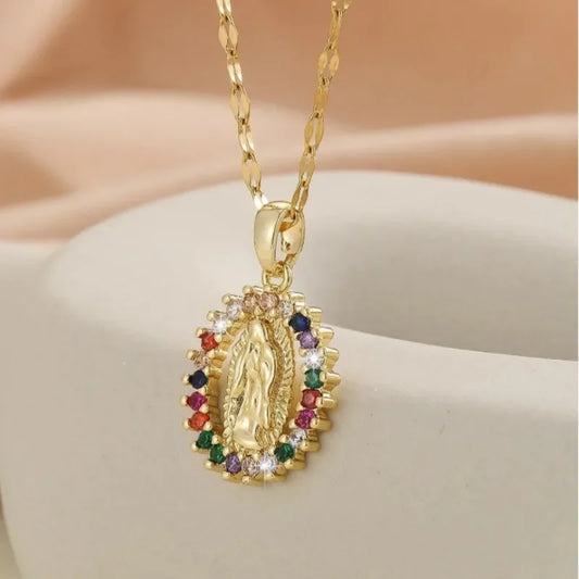 Virgin Mary Necklace - Colorful Zircon Hollow Pendant (Euro-American Fashion)