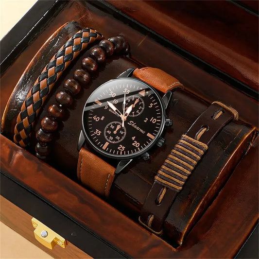 Luxury Men’s Watch & Bracelet Set – Brown Leather Quartz Wristwatch Gift (Relogio Masculino) - Lylamor.com