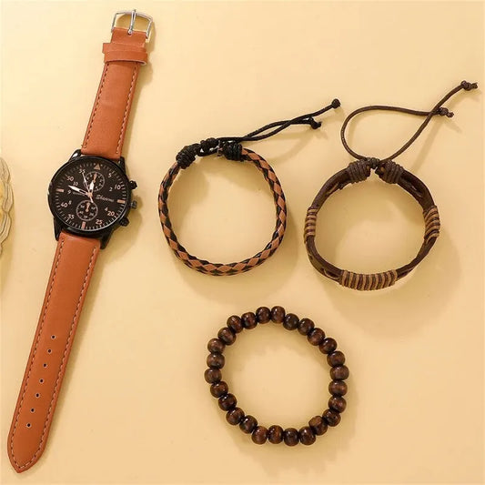 Luxury Men’s Watch & Bracelet Set – Brown Leather Quartz Wristwatch Gift (Relogio Masculino) - Lylamor.com